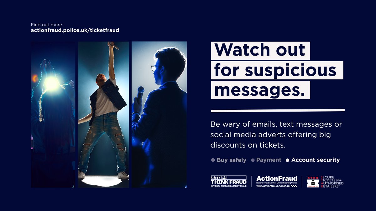 YHROCU's tweet image. ⚠️ Watch out for suspicious messages and social media posts offering great deals on this summer’s hottest tickets. It could be a scam.
💳Nearly £600k of ticket fraud losses were reported in our region last year.
🔗Find out more: actionfraud.police.uk/ticketfraud
#TicketFraud