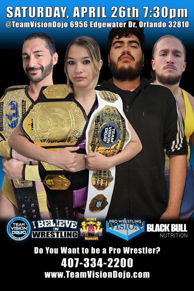 Next Event at Team Vision Dojo – Open House &amp; Live Pro Wrestling! 

#Orlando #ProWrestling #WWE #WWEWrestleMania #WrestleMania #WWERaw #SmackDown #AEW #AEWDynamite #WWENXT #NXT #OrlandoFL #OrlandoFlorida #Wrestling #CodyRhodes #JohnCena #TheRock #Disney #DisneyWorld #EpicUniverse