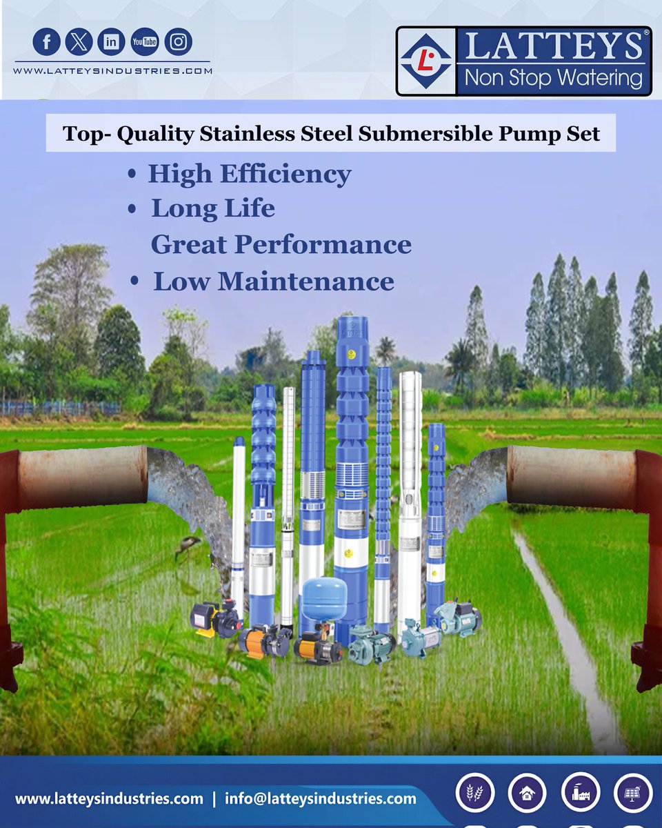 latteyspumps's tweet image. Upgrade your irrigation game with Latteys Top-Quality Stainless Steel Submersible Pump Sets. 

Visit: latteysindustries.com | Email: info@latteysindustries.com

 #WateringSolutions #RuralDevelopment #SmartFarming #NonStopWatering