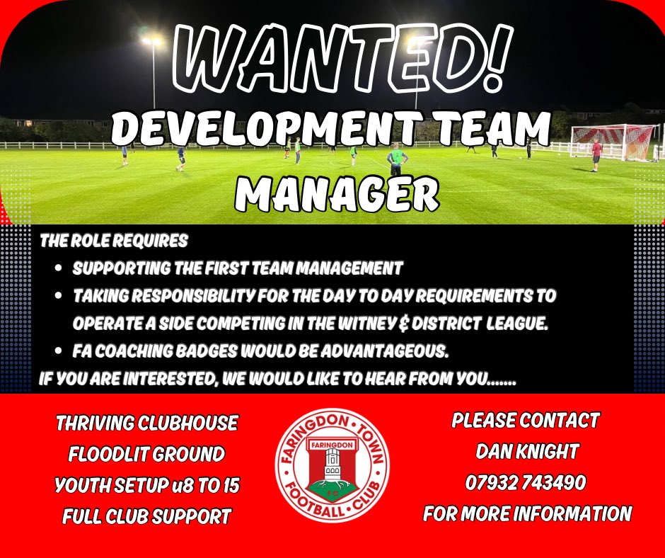 📢 Men’s Development Manager Vacancy 📢 

This role would suit someone with previous experience managing a competitive team, either at senior level or a Youth team looking to step up to senior football.

(Part One)