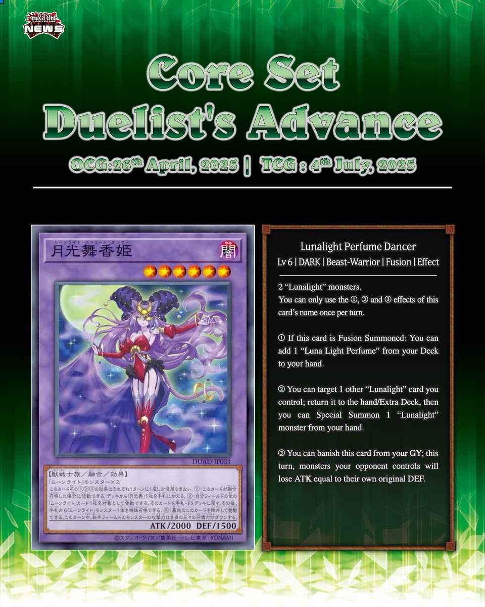 '  The upcoming core set, Duelist's Advance,  is bringing in a brand-new Lunalight support   Lunalight Gold Leo   Lunalight Silver Hound  Lunalight Liger Dancer  Lunalight Perfume Dancer