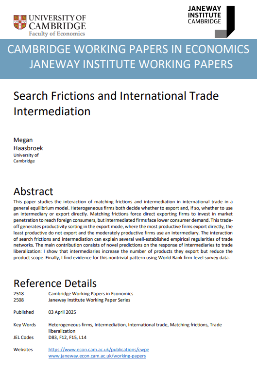 📣Did you know that around 30% of trade is handled by intermediaries since smaller firms can't export on their own? How does this affect the consequences of trade liberalisation? 
Read the NEW WP by Megan Haasbroek <a href="/CamEcon/">CamEcon</a>  bit.ly/4lzqhmL
#econtwitter 
<a href="/MeredithCrowle1/">Meredith A. Crowley</a>