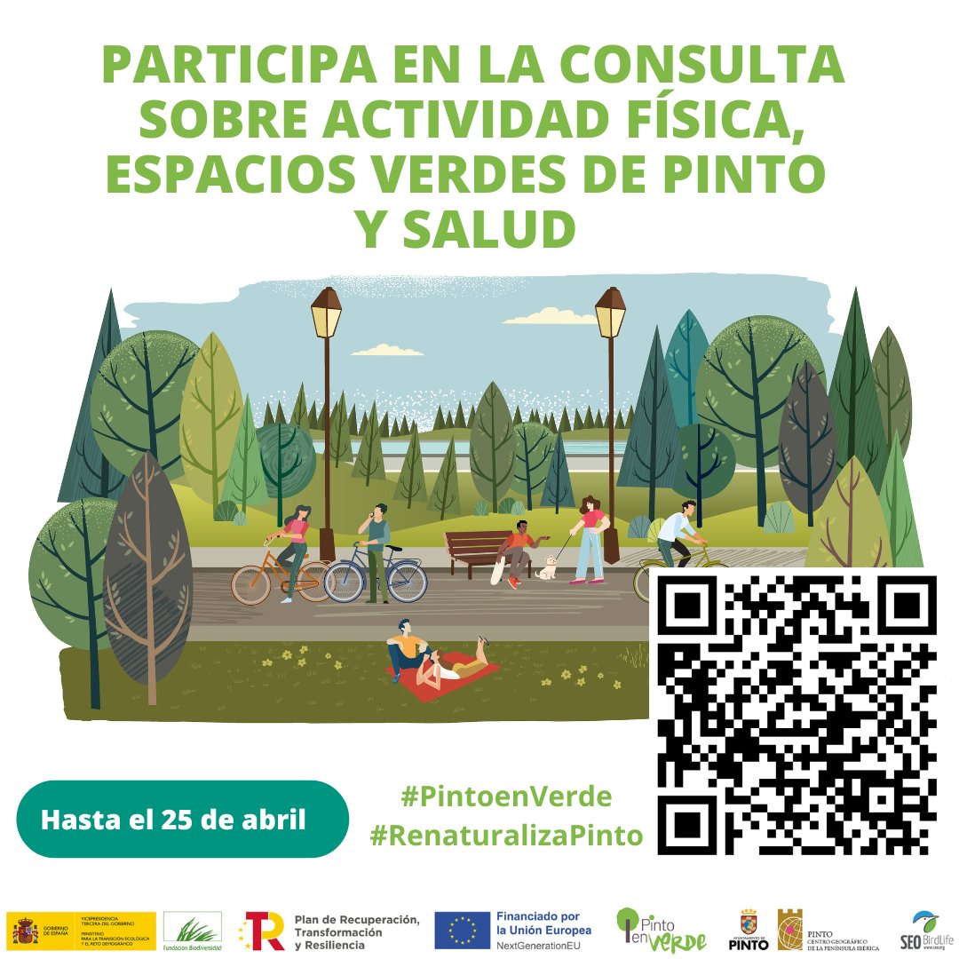 🌿📢¿Vives en Pinto o lo frecuentas?🌳 ¿Cómo usas los espacios verdes? ¿Haces deporte o quedas con tu gente?🚴‍♂️¿Te mueves en bici x la ciudad? 
📋Participa en esta encuesta anónima de 5' y contribuye a construir 1 Pinto+verde
👉bit.ly/3GfpZkQ ¡Comparte!🙏🏻🌲#PintoenVerde