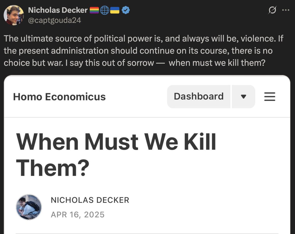 DataRepublican's tweet photo. Screen-capped for posterity. This individual claims to be a PhD student in economics at @GeorgeMasonU. They are not even hiding their motives. I read the essay; it presents little in the way of specifics. 

As of this writing, it has received 16 likes. 

In their view, cutting USAID justifies firebombing Teslas and issuing daily threats against public figures.

In their view, deporting an MS-13 immigrant is a reason to start a civil war. (And that incident is most of the author's premise for the essay.) 

Maybe I'm naive, but I don't want believe some of our neighbors are so innately consumed by malice that they would kill us for wanting to preserve this nation. And yet, their actions, and increasingly, their words say otherwise.

Pray for this nation.