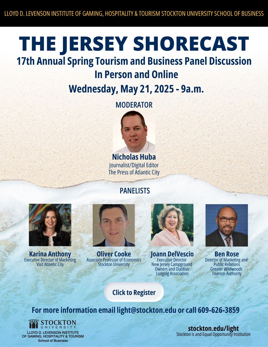 Join us next month for the 17th annual Jersey Shorecast! 

A team of experts will provide their insight and predictions for the upcoming #tourism season at the #newjeresy shore.

Reserve Your Seat: stockton.edu/light/light-ev…

<a href="/Stockton_edu/">Stockton University</a> <a href="/Stockton_BUSN/">Stockton Business</a> 
#Summer2025