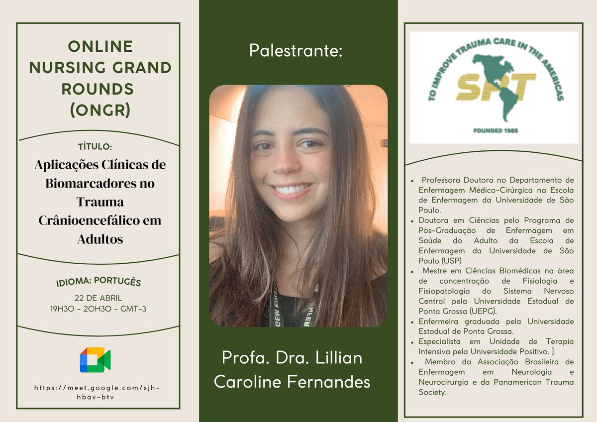 ONLINE NURSING GRAND ROUNDS (ONGR):
LANGUAGE: Portuguese
PRESENTER: Dra. Lilian Caroline Fernandez
TITLE: Aplicações Clinicas de Biomarcadores no Trauma Cranioencefalico em Adultos
JOIN US AND REGISTER:
meet.google.com/sjh-hbav-btv
DATE: 22 de Abril de 2025
TIME: 19h30 -20h30 -GMT -3