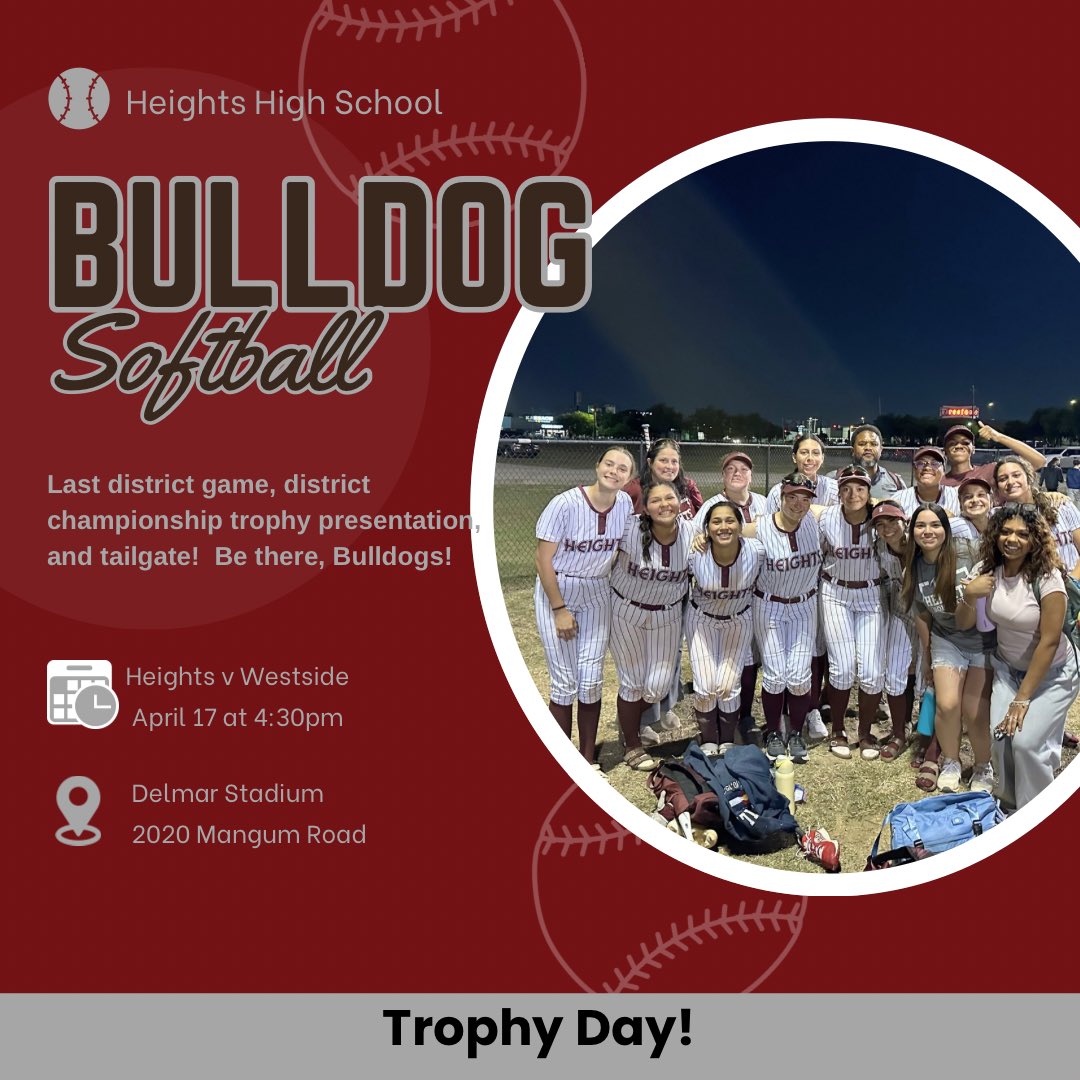 Come for the game, stay for the trophy presentation and tailgate!!

Congratulations to this team on earning their THIRD STRAIGHT DISTRICT CHAMPIONSHIP!!  #ThisIsHeightsSoftball