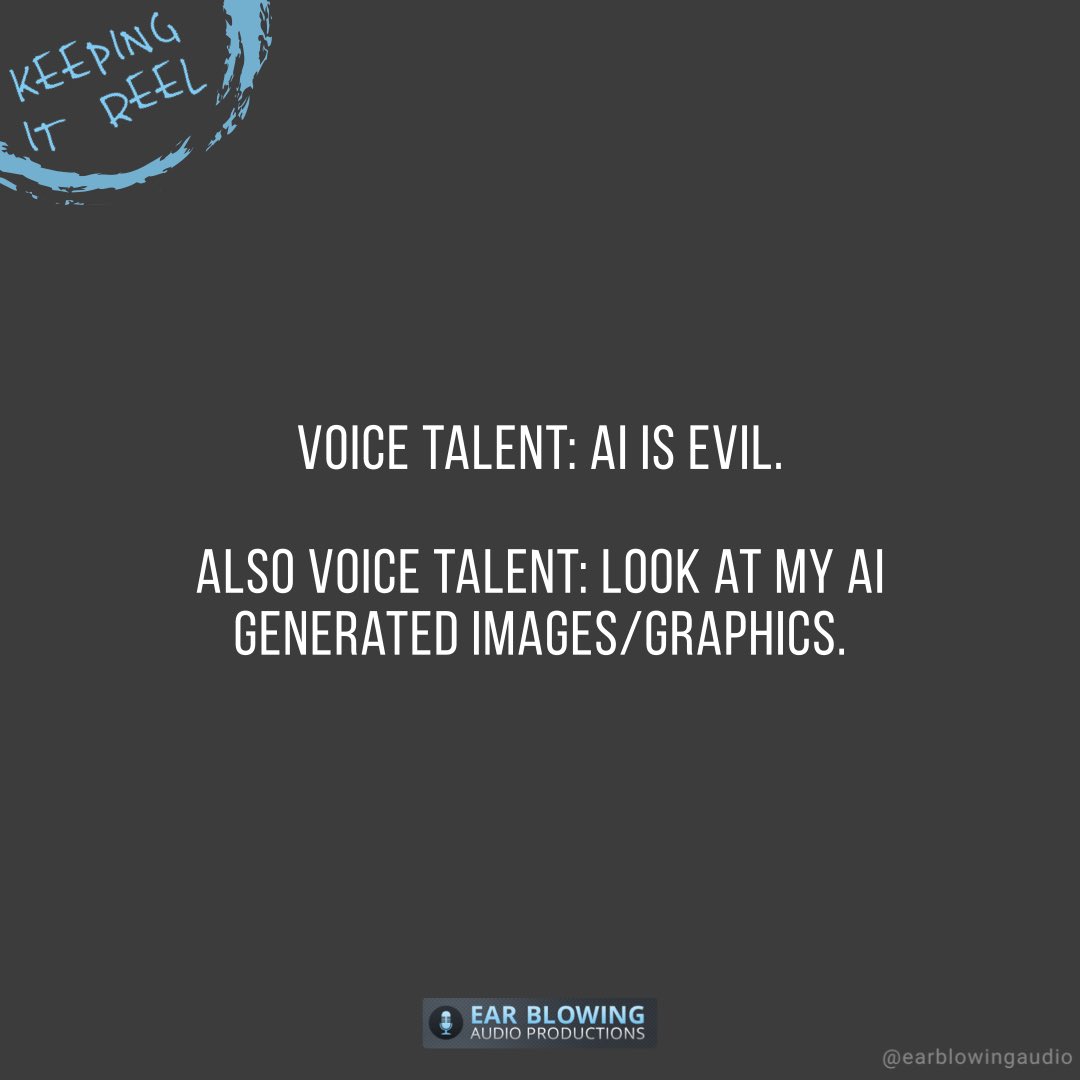 Love y’all, but come on - if you’re against AI for #voiceover, be against it for ALL creatives. 

Are you cool with graphic artists and videographers using AI voices for their projects? Probably not. 

#VoiceActing #VoiceActor #DemoProducer