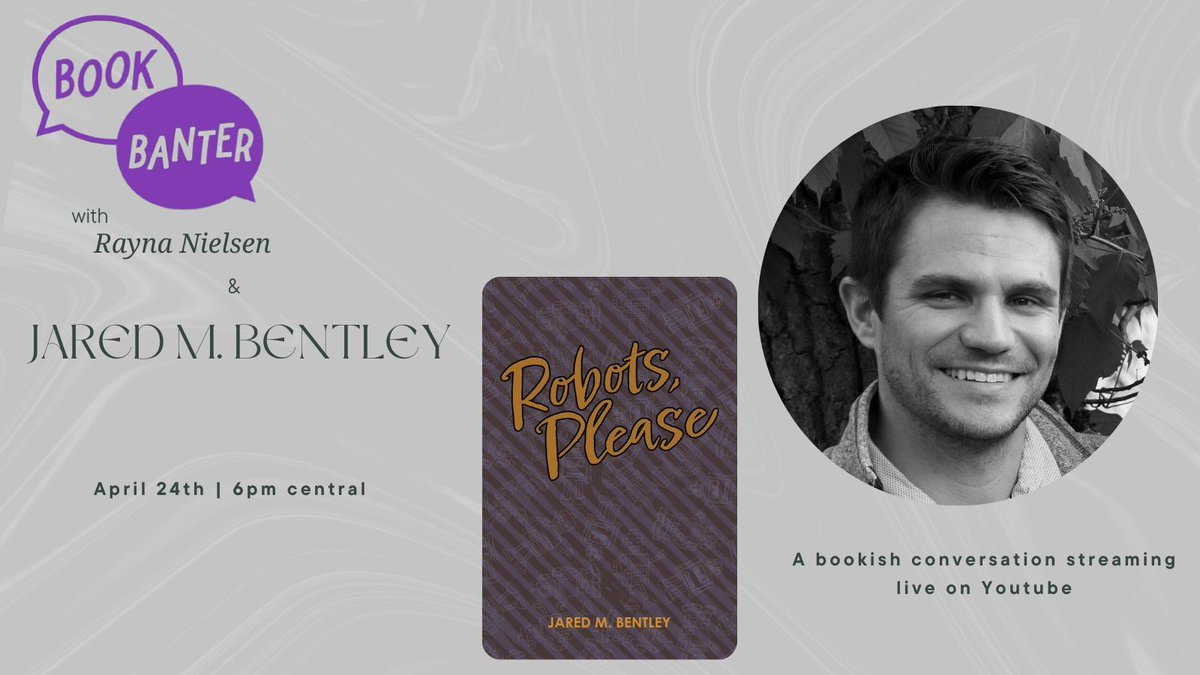 BookBanterBooks's tweet photo. We are excited to announce our next Book Banter guest will be Jared M. Bentley!
-
Jared's debut short story collection Robots, Please is a fun romp in a world not so unlike our own. 
-
📅 April 24th
⏰ 6pm central
📍  https://t.co/ckIWPy7REJ  
@innovative_ink_ https://t.co/pKeZf9NVUw
