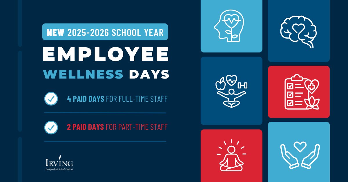 Irving ISD (@irvingisd) on Twitter photo π Exciting news for #TeamIrving! Thanks to the leadership of Superintendent <a href="/IISDMagdaHdz/">Magda Hernandez</a> and the Board of Trustees, all full-time employees will receive 4 paid Wellness Days (part-time will receive 2 days) for the upcoming school year. These days will be an opportunity for π Exciting news for #TeamIrving! Thanks to the leadership of Superintendent <a href="/IISDMagdaHdz/">Magda Hernandez</a> and the Board of Trustees, all full-time employees will receive 4 paid Wellness Days (part-time will receive 2 days) for the upcoming school year. These days will be an opportunity for