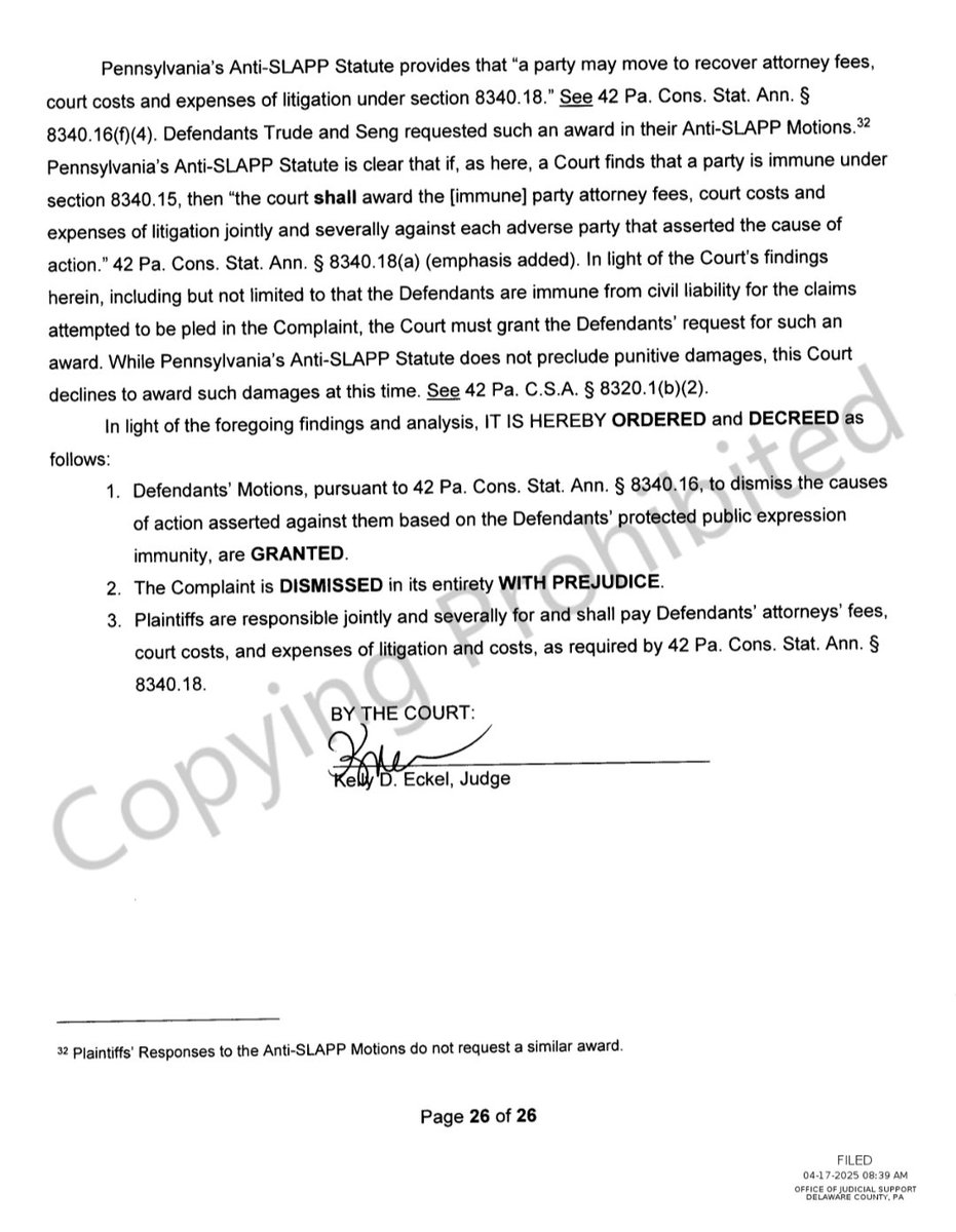 newsjunkie0214's tweet photo. Defendants anti-slapp GRANTED!
Plaintiffs complaint DISMISSED with PREJUDICE!
Plaintiffs must pay defendants attorney fees, court costs and expenses! https://t.co/nMDnwCieHS