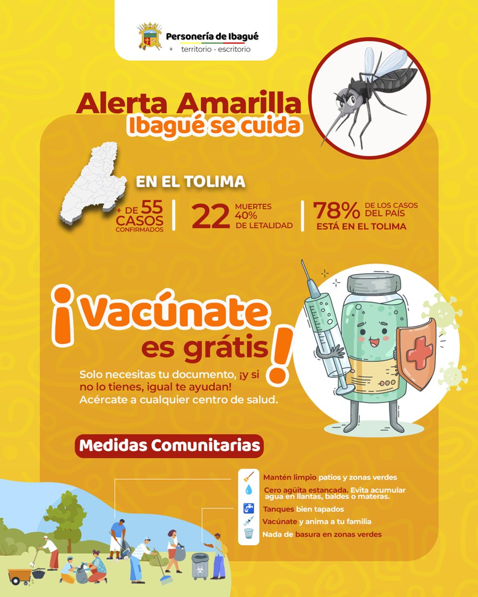 🟡 #AlertaAmarilla | ¡Ibagué se cuida!
Tolima tiene el 78% de los casos de fiebre amarilla.
💉 La vacuna es GRATIS y sin barreras, ¡ni siquiera necesitas cédula!
🦟 Usa repelente, toldillo y limpia tu entorno.
La prevención es clave.
#FiebreAmarilla