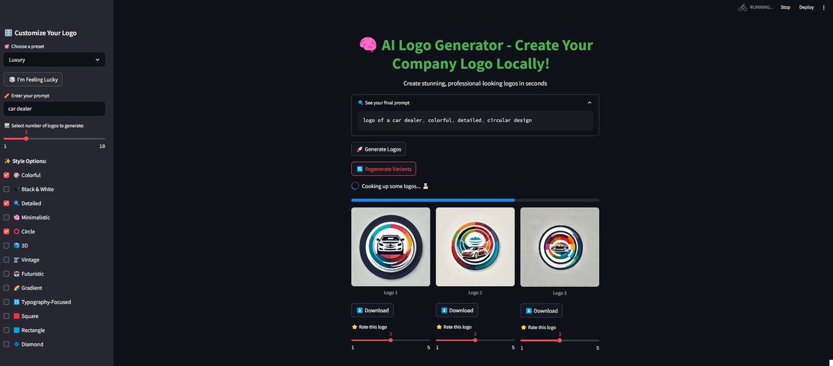Elluscient's tweet image. AI Logo Generator - Create Your Company Logo Locally!

Create stunning logos in seconds with SDXL + LoRA. Customize styles, use presets, and generate offline—perfect for startups &amp;amp; creators. No cloud, fully private. 

github.com/ErikElcsics/AI…

#AIArt #LogoGenerator #AILogoMaker