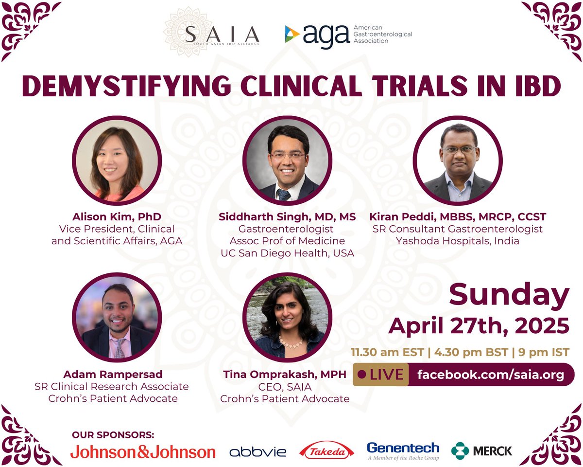 SAIA (@saia_ibd) on Twitter photo SAIA is proud to partner with <a href="/AmerGastroAssn/">American Gastroenterological Association (AGA)</a> to host a rockstar panel discussion to shed light on #ClinicalTrials in #IBD!
Join <a href="/alisonkimphd/">Alison Kim</a> of AGA 🇺🇸 moderating #SiddharthSingh 🇺🇸, <a href="/dr_kiranpeddi/">Dr Kiran Peddi</a> 🇮🇳, #AdamRampersad 🇨🇦 & <a href="/ownyourcrohns/">Tina Aswani-Omprakash, MPH</a> 🇺🇸 who share all about how trials work! SAIA is proud to partner with <a href="/AmerGastroAssn/">American Gastroenterological Association (AGA)</a> to host a rockstar panel discussion to shed light on #ClinicalTrials in #IBD!
Join <a href="/alisonkimphd/">Alison Kim</a> of AGA 🇺🇸 moderating #SiddharthSingh 🇺🇸, <a href="/dr_kiranpeddi/">Dr Kiran Peddi</a> 🇮🇳, #AdamRampersad 🇨🇦 & <a href="/ownyourcrohns/">Tina Aswani-Omprakash, MPH</a> 🇺🇸 who share all about how trials work!