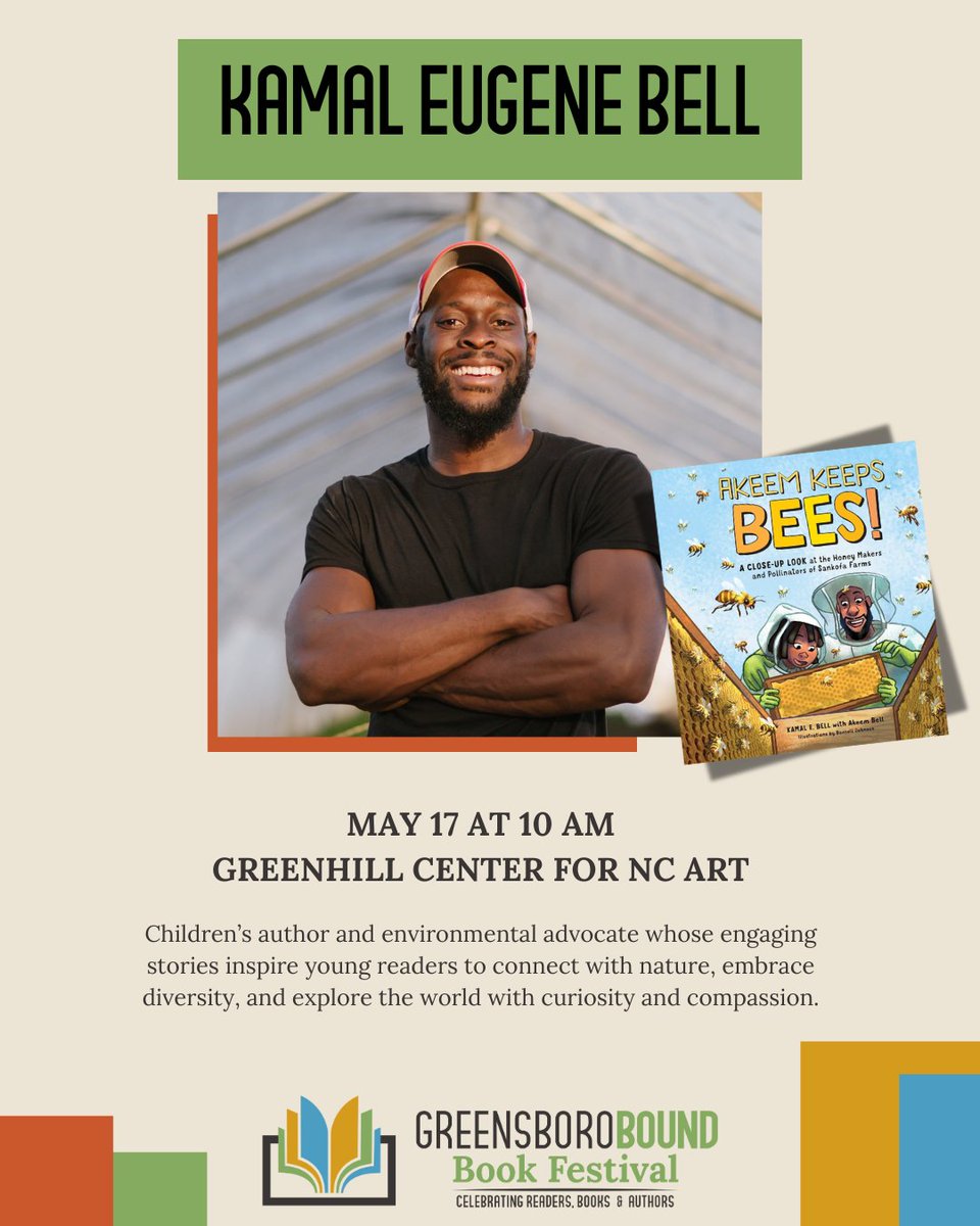 Join us in welcoming Kamal Eugene Bell to this year's  Festival! The author of the children’s book, “Akeem Keeps Bees," he is the owner of Sankofa Farms, a regenerative farm dedicated to combating food deserts. 

#greensborobound #greensboroboundbookfestival #visitgreensboro