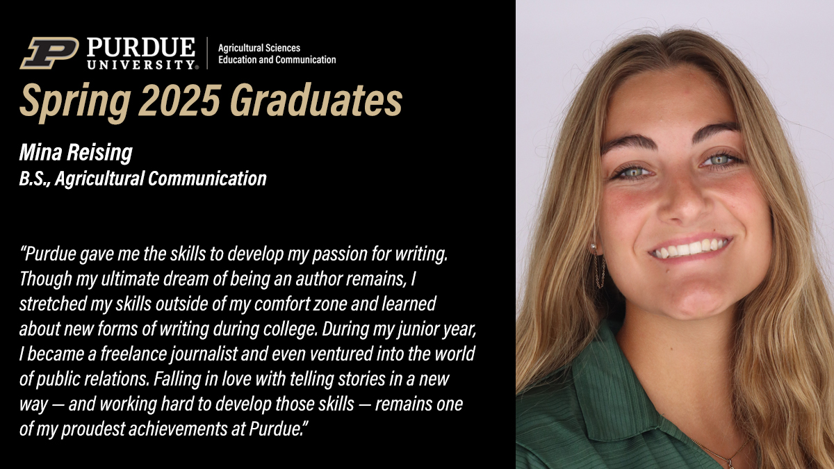 Purdue ASEC (@purdueasec) on Twitter photo Please join us in recognizing our <a href="/PurdueAg/">Purdue Agriculture</a> May graduates. Today, we congratulate Mina Reising #PurdueAgCom. bit.ly/4luxhkP Please join us in recognizing our <a href="/PurdueAg/">Purdue Agriculture</a> May graduates. Today, we congratulate Mina Reising #PurdueAgCom. bit.ly/4luxhkP