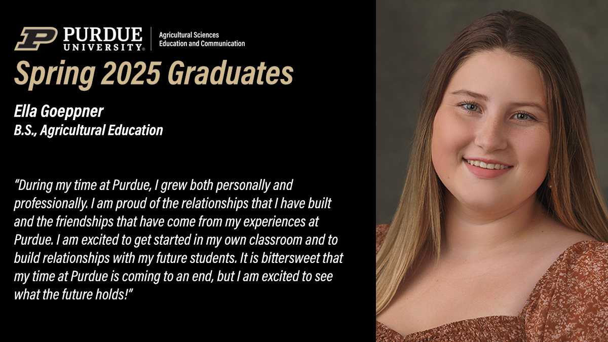 Purdue ASEC (@purdueasec) on Twitter photo Please join us in recognizing our <a href="/PurdueAg/">Purdue Agriculture</a> May graduates. Today, we congratulate Ella Goeppner #PurdueAgEd. bit.ly/4luxhkP Please join us in recognizing our <a href="/PurdueAg/">Purdue Agriculture</a> May graduates. Today, we congratulate Ella Goeppner #PurdueAgEd. bit.ly/4luxhkP