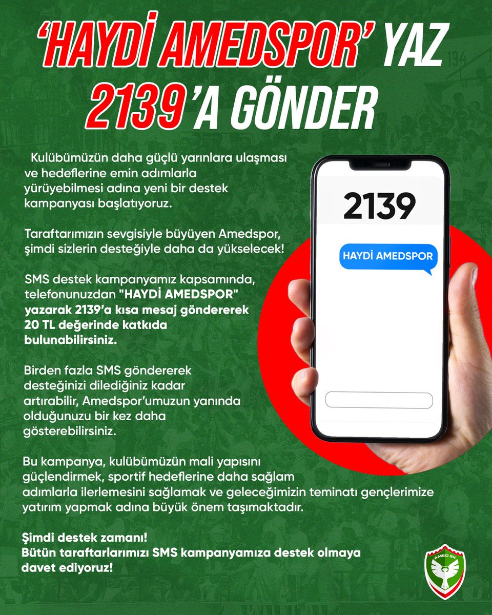 Haydi Amedspor diyerek sen de takımına destel ol!

Kulübümüzün daha güçlü yarınlara ulaşması ve hedeflerine emin adımlarla yürüyebilmesi adına yeni bir destek kampanyası başlatıyoruz.
Taraftarımızın sevgisiyle büyüyen Amedspor, şimdi sizlerin desteğiyle daha da yükselecek!

SMS
