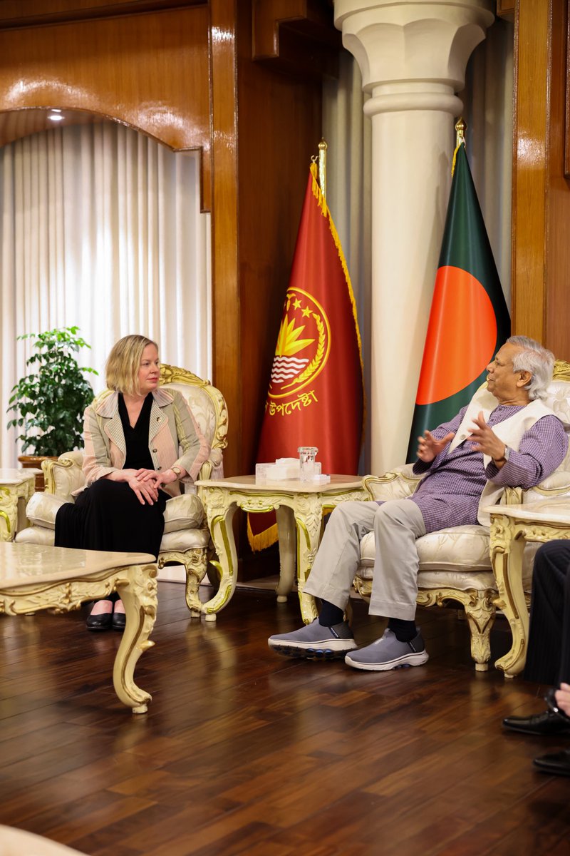 ChiefAdviserGoB's tweet photo. US expresses support for the government's reform agenda

Dhaka, April 17, 2025: A visiting US delegation called on the Chief Adviser on Thursday and expressed support for the reform agenda of the Interim Government. They also discussed regional issues of peace, security, and development. 

The delegation includes Deputy Assistant Secretaries of State Nicole A. Chulick and Andrew Herrup. 

Bangladesh’s National Security Adviser Dr. Khalilur Rahman, the head of US mission in Dhaka Tracey Ann Jacobson were present at the meeting. 

The US officials expressed deep appreciation for the generosity of Bangladesh by hosting 1.2 million Rohingyas and thanked the leadership of Chief Adviser Professor Muhammad Yunus for making progress on this issue. 

The Chief Adviser termed the recent identification by Myanmar government of 180,000 Rohingyas as fit for return to Rakhine as an important progress.

"We appreciate your vision of looking at the Rohingya issue not in isolation but in the context of Myanmar as a whole," said Chulick. 

The US officials also appreciated the Chief Adviser’s approach to enhance regional cooperation, connectivity, and people-to-people contacts. 

The Chief Adviser underlined the excellent bilateral relations between the two countries and reaffirmed the commitment of the interim government to work closely with the Trump administration on the entire range of bilateral relations. He thanked the US President Donald J. Trump for resuming aid for the Rohingyas and ninety-day pause in the application of reciprocal tariffs. "We are continuing our work to support his trade agenda," he said.
