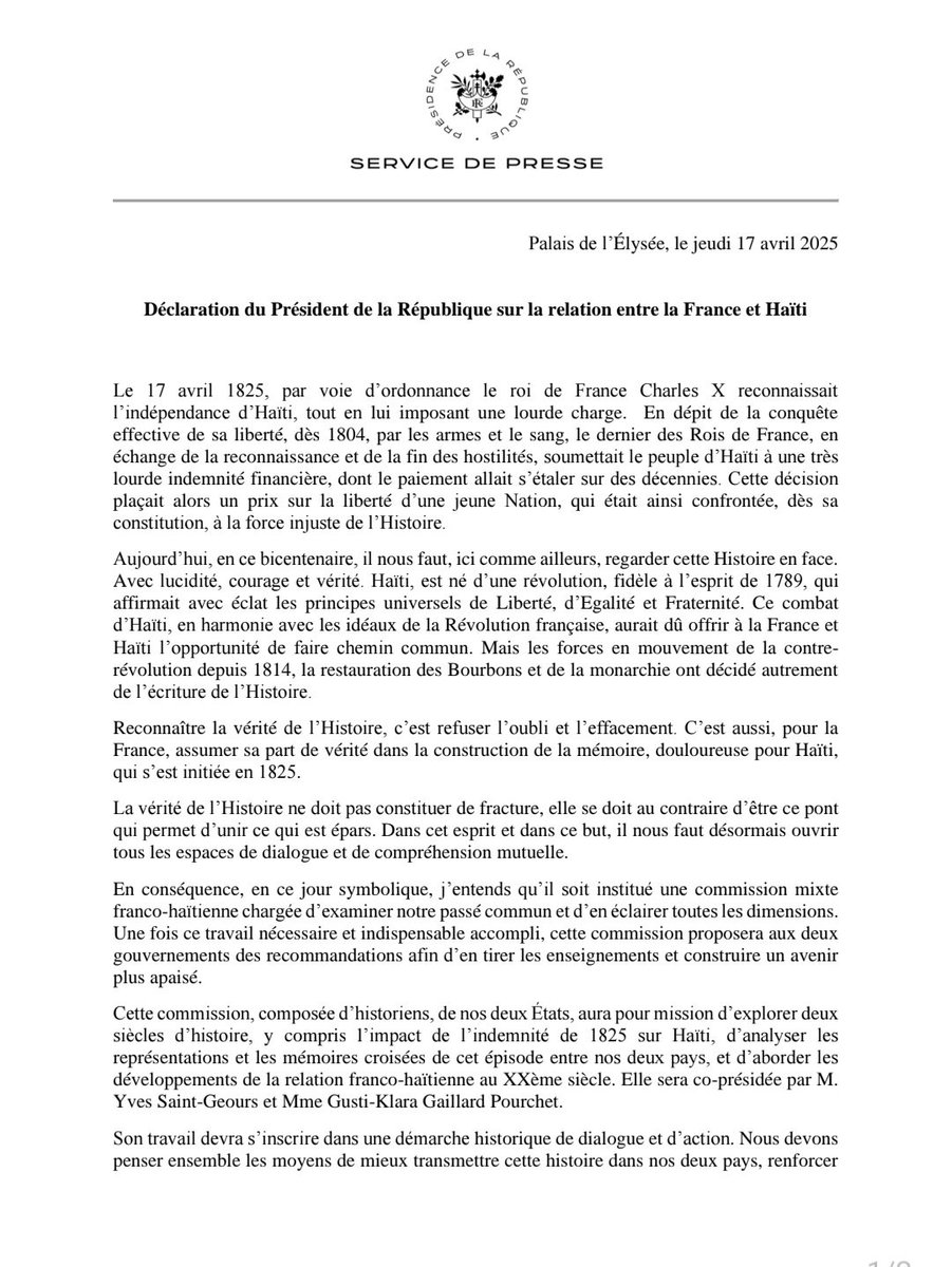ambafranceht's tweet photo. "La vérité de l'Histoire ne doit pas constituer une fracture, elle se doit d'être ce pont qui permet d'unir ce qui est épars". (1/3) https://t.co/1OkqAZ5UhN
