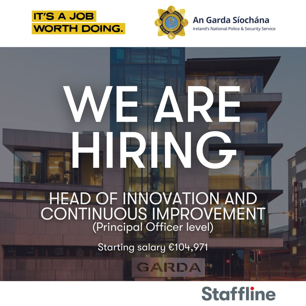 Staffline Recruitment Ireland (@stafflineire) on Twitter photo Job Alert: <a href="/gardainfo/">Garda Info</a> is recruiting a Head of Innovation & Continuous Improvement (Principal Officer level) to lead strategic transformation projects across the organisation.
Applications close at 3 PM, 12th May 2025. Learn more: staffline.getgotjobs.ie/registerJob/38…
#ItsaJobWorthDoing Job Alert: <a href="/gardainfo/">Garda Info</a> is recruiting a Head of Innovation & Continuous Improvement (Principal Officer level) to lead strategic transformation projects across the organisation.
Applications close at 3 PM, 12th May 2025. Learn more: staffline.getgotjobs.ie/registerJob/38…
#ItsaJobWorthDoing