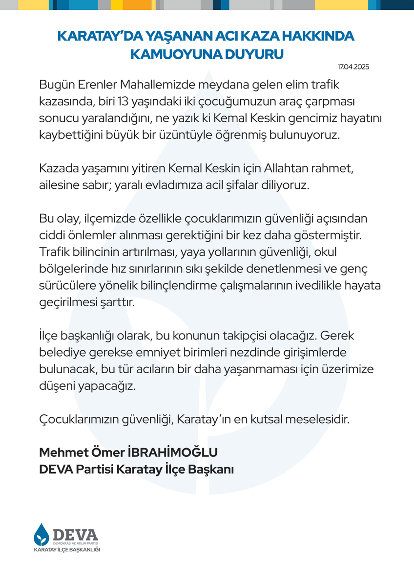karataydeva's tweet photo. Az önce ilçemizde yaşanan üzücü kaza nedeniyle başsağlığı mesajımız.

#Karatay #Konya #DEVAKaratay #ÇocukGüvenliği #KonyadaKaza https://t.co/yZ8vnMqHbb