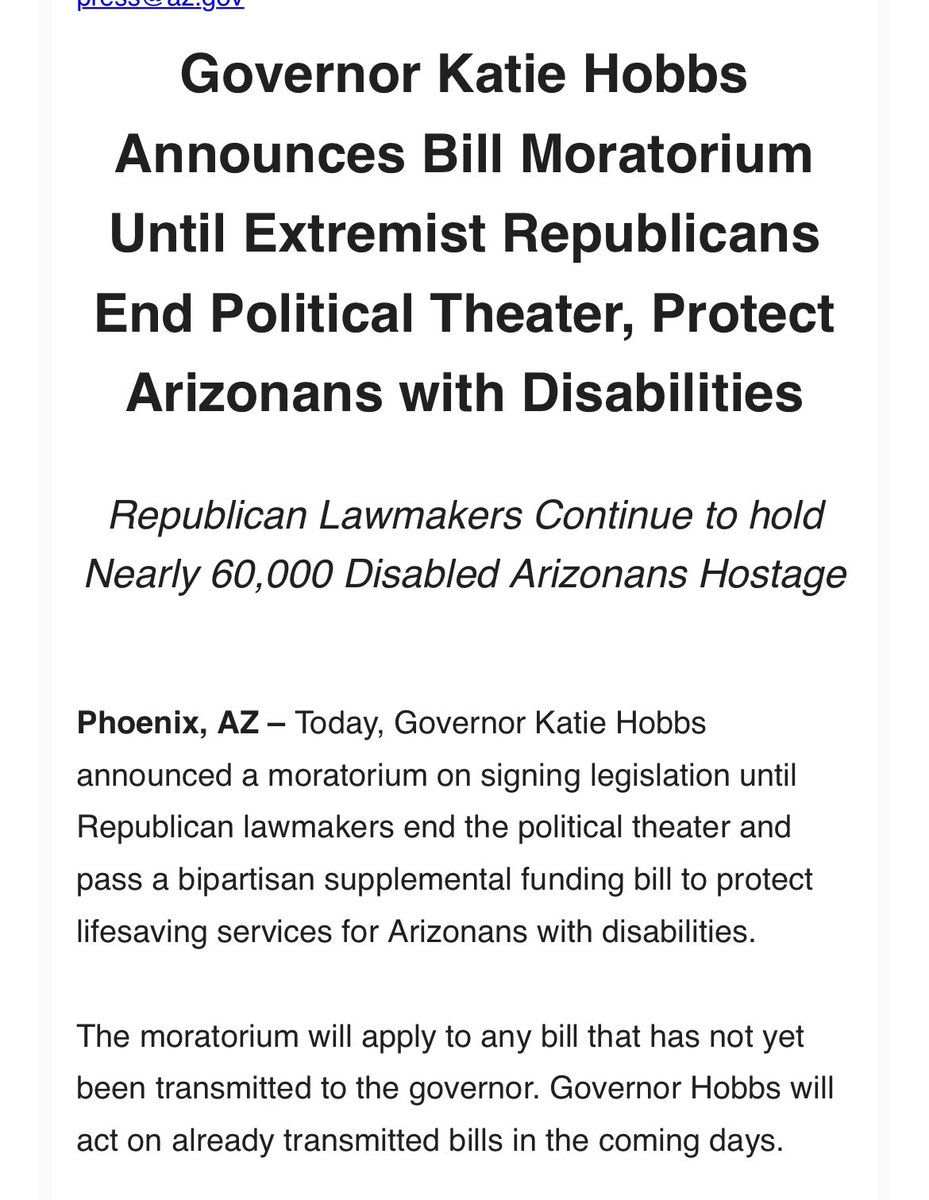 Brahm Resnik (@brahmresnik) on Twitter photo BREAKING <a href="/GovernorHobbs/">Governor Katie Hobbs</a> declares 'bill moratorium' until deal reached on funding services for people with developmental disabilities. Bills already on way to her desk, like Axon, not affected. Gov Doug Ducey used same tactic on budget in '21. BREAKING <a href="/GovernorHobbs/">Governor Katie Hobbs</a> declares 'bill moratorium' until deal reached on funding services for people with developmental disabilities. Bills already on way to her desk, like Axon, not affected. Gov Doug Ducey used same tactic on budget in '21.
