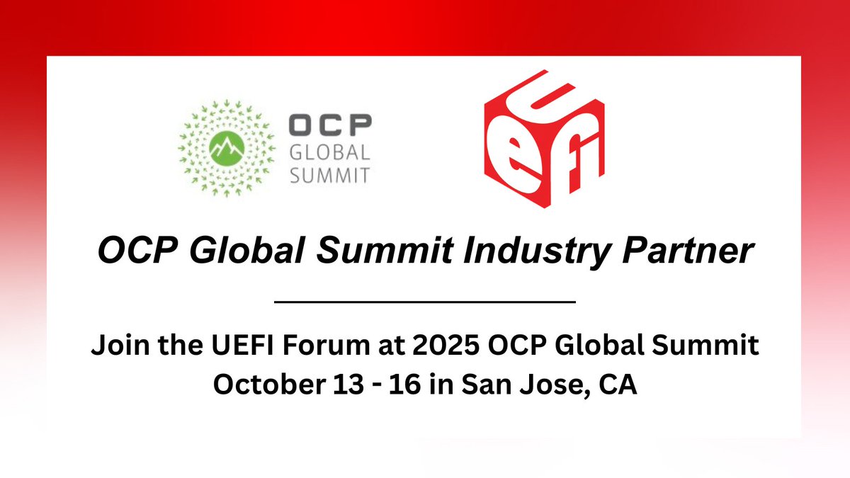 The #UEFIForum is pleased to share we are an industry partner at <a href="/OpenComputePrj/">Open Compute Project</a>'s #OCPSummit25 on Oct. 13 - 16. We are looking forward to discussing how #UEFI #firmware fits into OCP's ecosystem. View our website: bit.ly/4cqV3Km