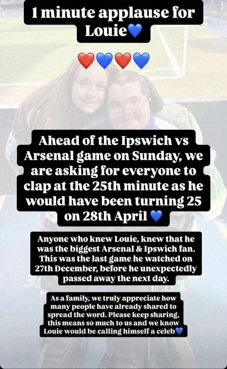 TheSuffolkCrunch (@thecruncher76) on Twitter photo Louie was a <a href="/ITFCFoundation/">Ipswich Town Foundation</a> wheelchair footballer for many years. He was awarded 'Coaches Player' & the 'Running Towards Adversity' award for the 23/24 season
Please get involved #itfc & #AFC fans on Sunday 👏 👏 👏
Be great if as many people as possible can share this post Louie was a <a href="/ITFCFoundation/">Ipswich Town Foundation</a> wheelchair footballer for many years. He was awarded 'Coaches Player' & the 'Running Towards Adversity' award for the 23/24 season
Please get involved #itfc & #AFC fans on Sunday 👏 👏 👏
Be great if as many people as possible can share this post