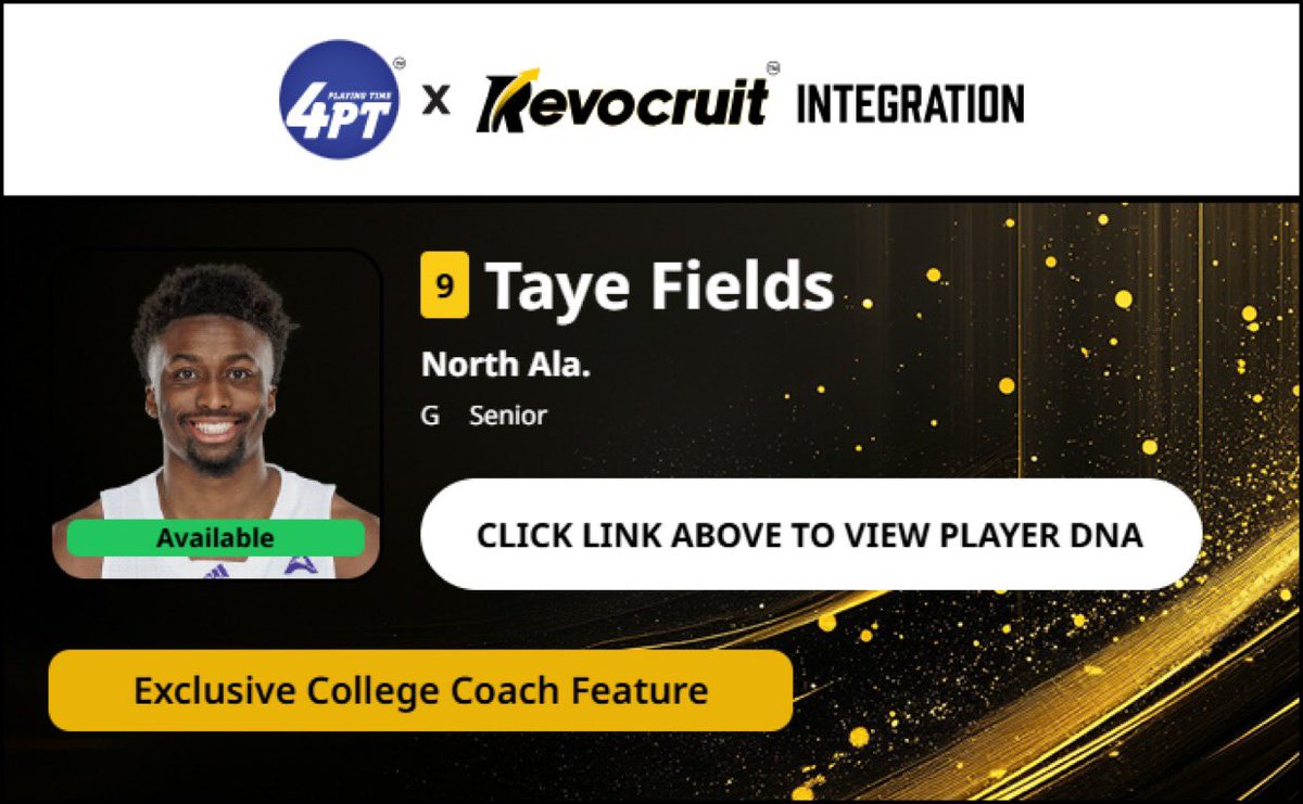 CBB Transfer Portal Spotlight

Taye Fields
6'4" 180
Guard
North Alabama 

2024-25 Stats (35 Games):
📊 11.2 PPG, 8.6 RPG, 3.5 APG, 53.0 FG%

Coach Exclusive Revocruit Player DNA:
🔗 applink.revocruitathlete.com/player/10178

#TP4PT #TransferPortal