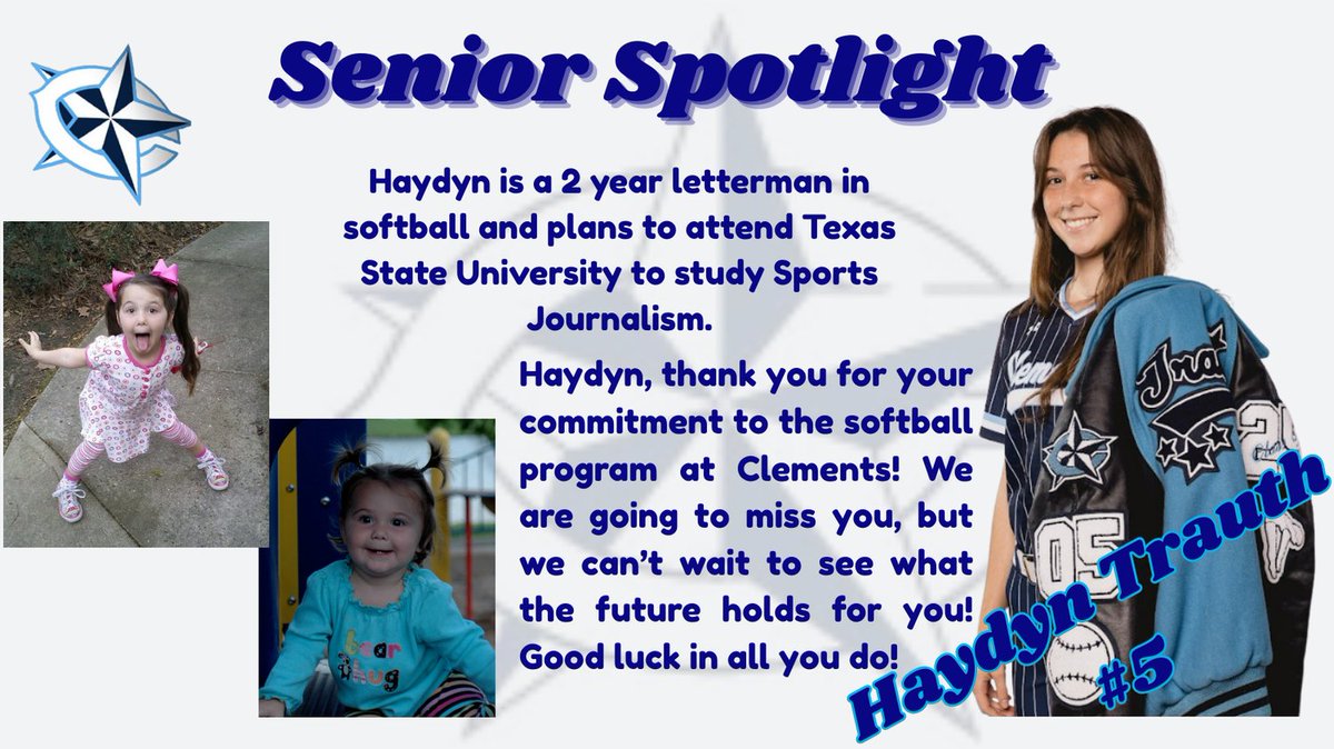 clementssftbl's tweet image. Senior Night tonight for Clements Softball! First Senior Spotlight is for our #5 Haydyn Trauth! Come out tonight for our Senior Night Celebration starting at 5:50pm! Stay for the game and then watch the senior's get their last hit on the field following the varsity game!
