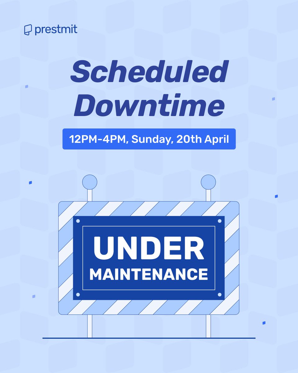 prestmit's tweet image. Scheduled Downtime Notice 🚧

We’re working hard to improve your experience! 

Our platform will undergo scheduled maintenance on Sunday, 20th April 2025 between 12pm and 4 pm ⏰️ to implement critical upgrades.  

Our services will be temporarily unavailable during this time.…