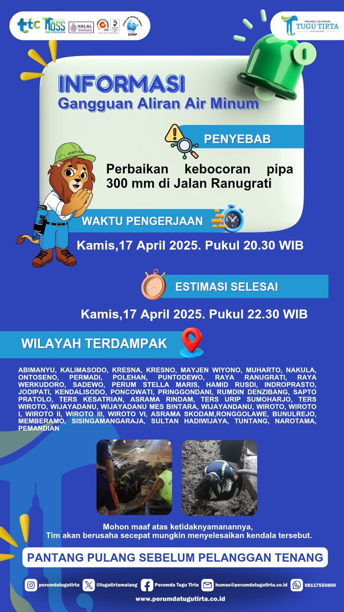 Info gangguan aliran air karena perbaikan pipa bocor di Ranugrati nih #kawanZAMP
