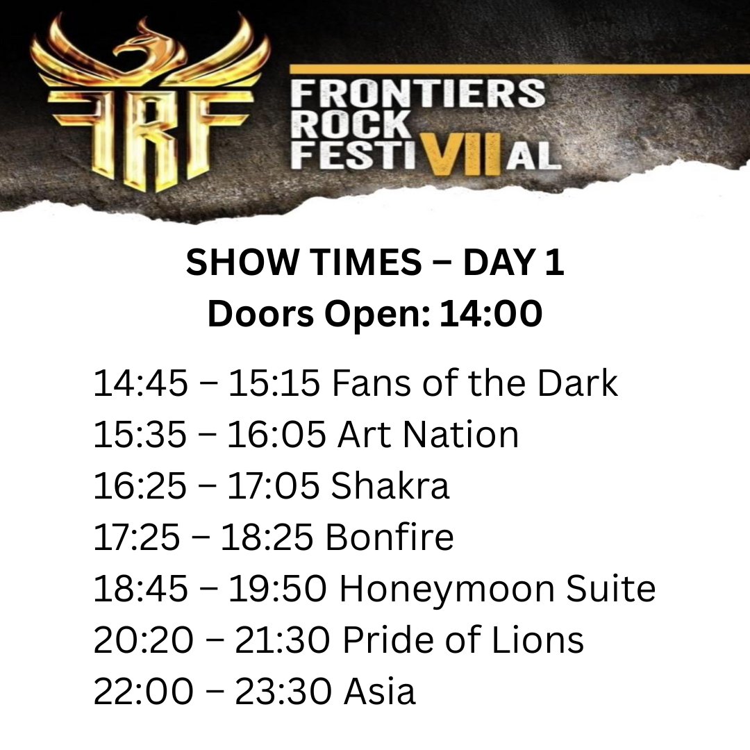FrontiersMusic1's tweet photo. 🎸 FRONTIERS ROCK FESTIVAL 2025 – SET TIMES ANNOUNCED! 🎶
🎟 Get ready to rock with us all weekend long!
If you need tickets, there's still time: https://t.co/a3Xfl5SEmW
#FrontiersRockFestival #FRF2025 #RockWeekend #LiveMusicMilan https://t.co/7wVtAkYsPe