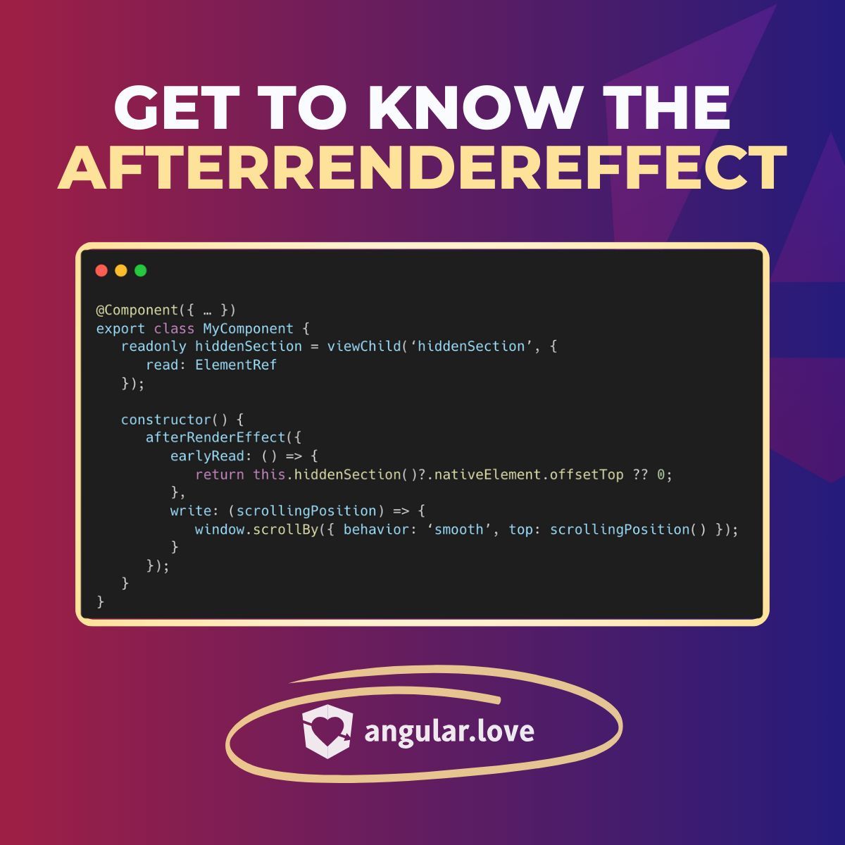 AngularLovePL's tweet image. AfterRenderEffect is a powerful hook introduced in #Angular19 🔥 
It combines the capabilities of:
👉 effect - it runs on every source signal change,
👉 afterRender - it’s triggered after the DOM is fully rendered and on every change detection cycle.
It is particularly useful…