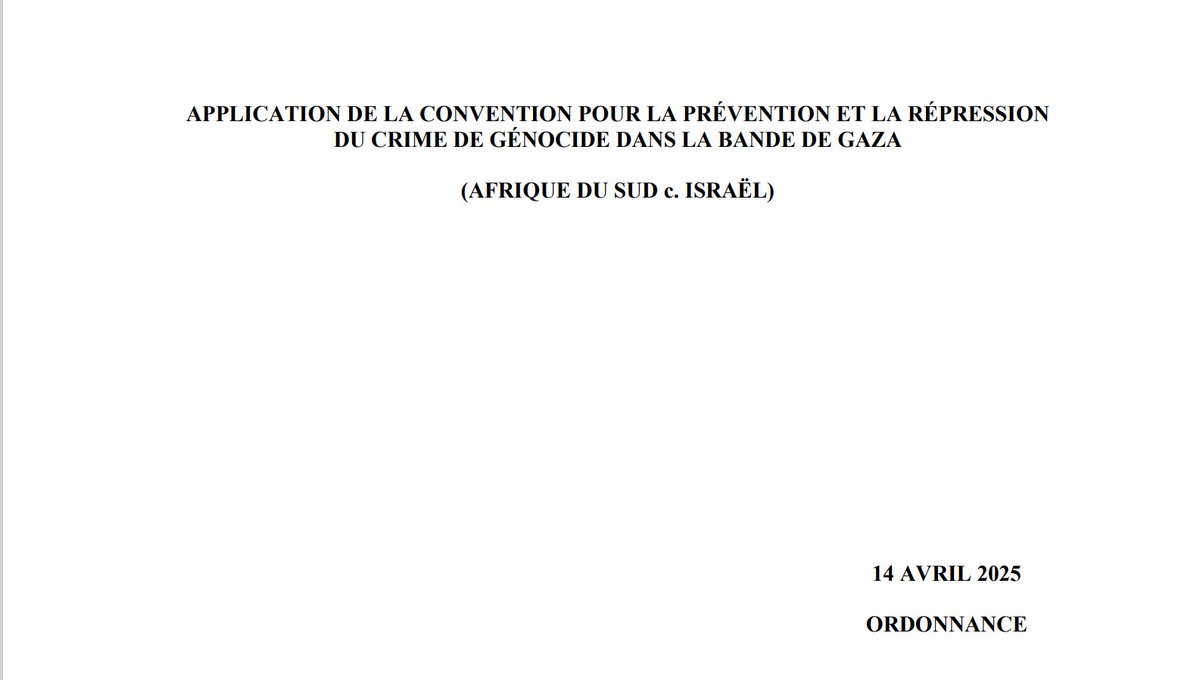 NOUVELLE : par une ordonnance en date du 14 avril 2025 la #CIJ a reporté le délai pour le dépôt du contre-mémoire d’Israël au 12 janvier 2026 en l’affaire #Afriquedusud c. #Israël. 
go.icj-cij.org/4jdSjm7