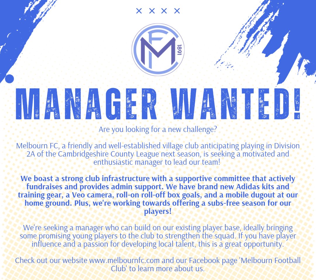🚨 𝗡𝗘𝗪 𝗠𝗔𝗡𝗔𝗚𝗘𝗥 𝗪𝗔𝗡𝗧𝗘𝗗 🚨

We’re looking for a leader. Melbourn FC are searching for a new manager to take the reins for the 2025/26 season.

Think you've got what it takes? Or know someone who does?

Drop us a DM or email melbournfc@outlook.com

#GrassrootsManager