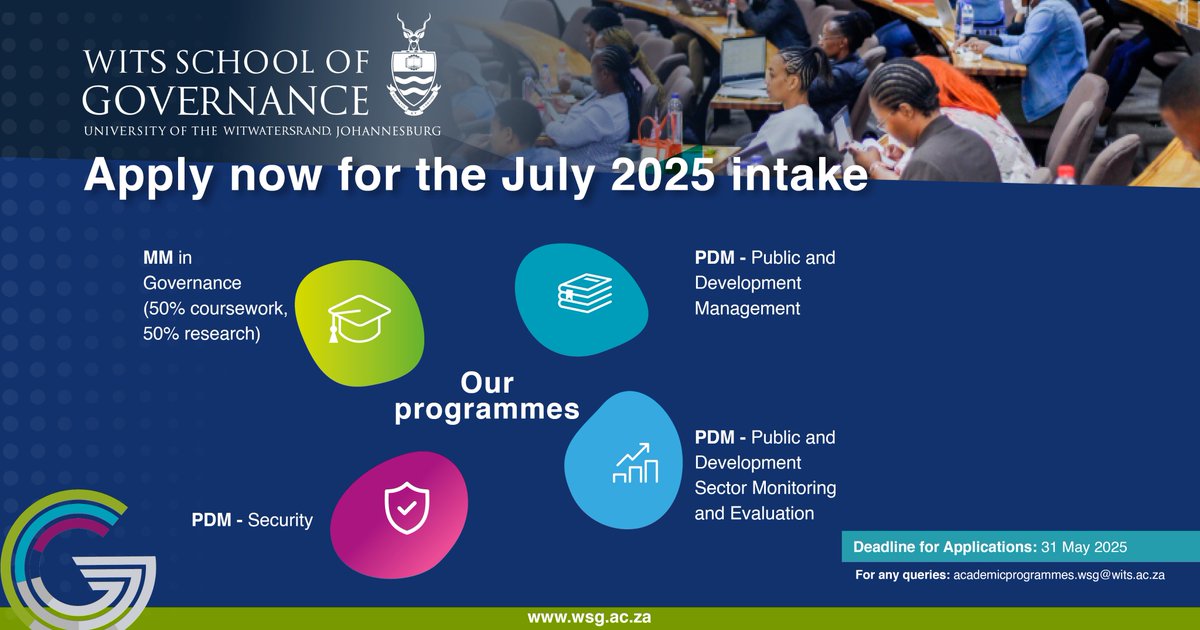 APPLY NOW: 2025 WSG July Intake
Are you ready to lead change in the public and development sectors? The Wits School of Governance mid-year intake is now open for July 2025! 
Apply now on wsg.ac.za/academic-progr…. 
#WSG #WitsSchoolOfGovernance #PostgraduateStudy