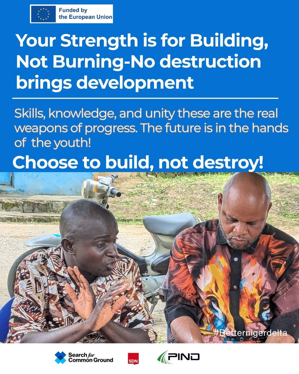 SFCG Nigeria (@sfcgnigeria) on Twitter photo We empower young people in the Niger Delta to build peace and avoid conflict in their communities.
The Community Approach to Transforming Criminality and Violence in Niger Delta project is funded by the <a href="/EUinNigeria/">EU in Nigeria 🇪🇺🇳🇬</a>
#Betternigerdelta #Peacebuilding #Nigerdelta We empower young people in the Niger Delta to build peace and avoid conflict in their communities.
The Community Approach to Transforming Criminality and Violence in Niger Delta project is funded by the <a href="/EUinNigeria/">EU in Nigeria 🇪🇺🇳🇬</a>
#Betternigerdelta #Peacebuilding #Nigerdelta