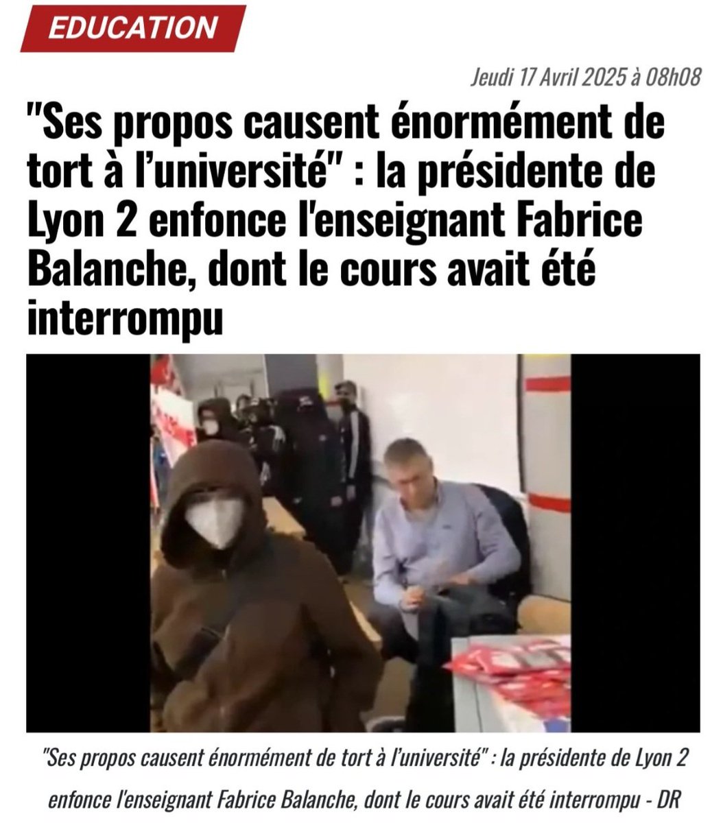 ImbertGuyEric's tweet photo. Au lieu de lui apporter son soutien, la présidente de l'université Lyon 2 @IsabelleVonB enfonce l'enseignant @FabriceBalanche. Encore une démonstration de lâcheté ordinaire face aux islamogauchistes en keffieh qui polluent nos universités. Avec @Reconquete_off tout ça s'arrêtera! https://t.co/lQ9HNQaLNB