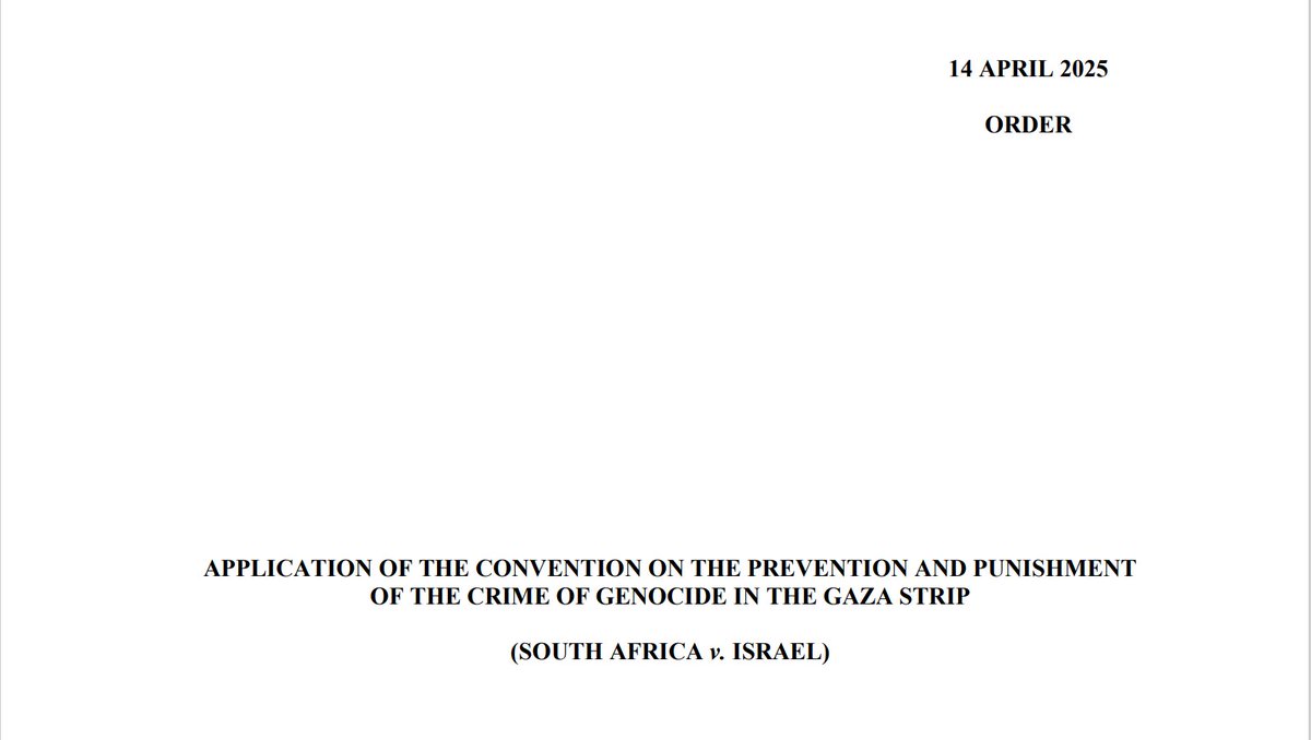NEWS: by an Order dated 14 April 2025, the #ICJ has extended the time-limit for the filing of the Counter-Memorial of Israel to 12 January 2026 in the case #SouthAfrica v. #Israel. 
go.icj-cij.org/42jVK4Z