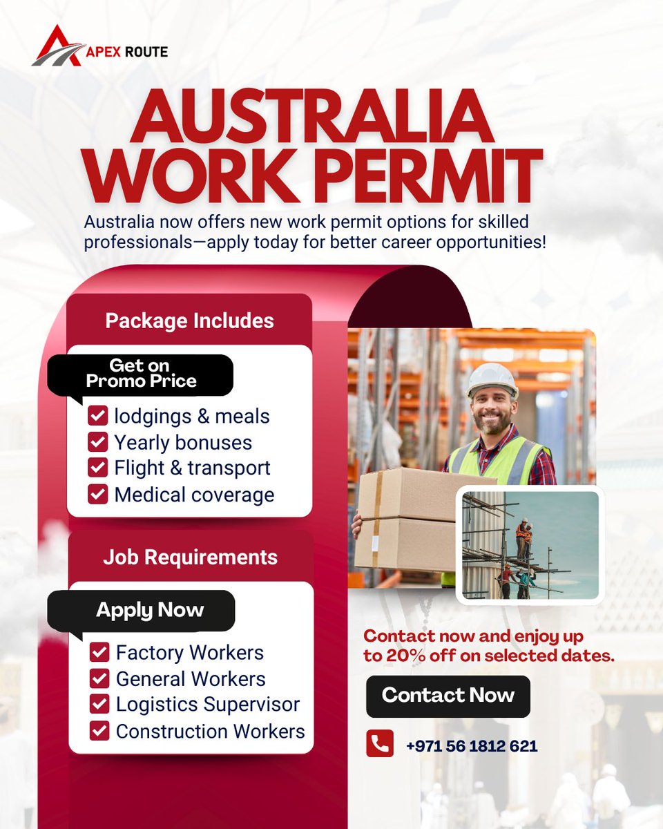 apexroutevisa's tweet image. 🇦🇺 AUSTRALIA WORK PERMIT – APPLY NOW! 💼✈️

Don’t wait — your future in Australia starts today!
📞 +971 56 1812 621
🌐 apexroutevisa.com

#AustraliaWorkPermit #SkilledMigration #WorkInAustralia #VisaExperts #ApexRoute #CareerAbroad