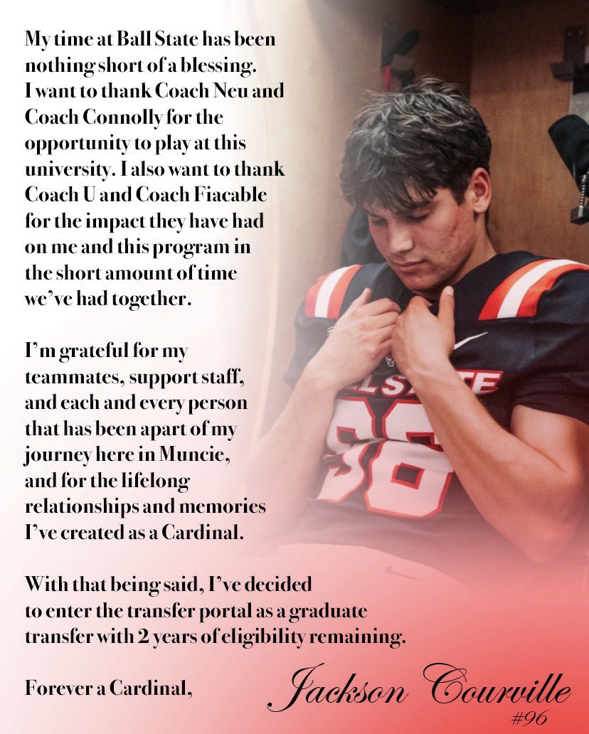 Officially in the Portal with 2 years of eligibility remaining. 
Thank you Ball State❤️