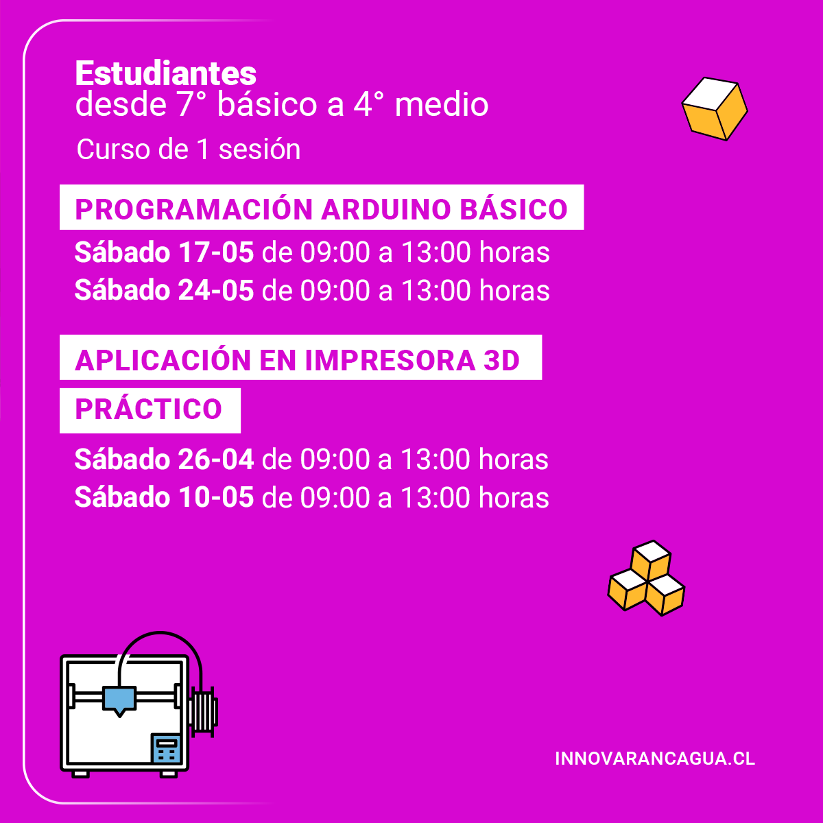🟣¡VEN A NUESTRA 2º VERSIÓN DE LA ESCUELA DIGITAL INNOVA RANCAGUA! 🤩🤖

La Corporación de Desarrollo e Innovación de Rancagua y Espacio Maker de INACAP te invitan a postular a los talleres de la 2º versión de nuestra ‘Escuela Digital Innova Rancagua’.