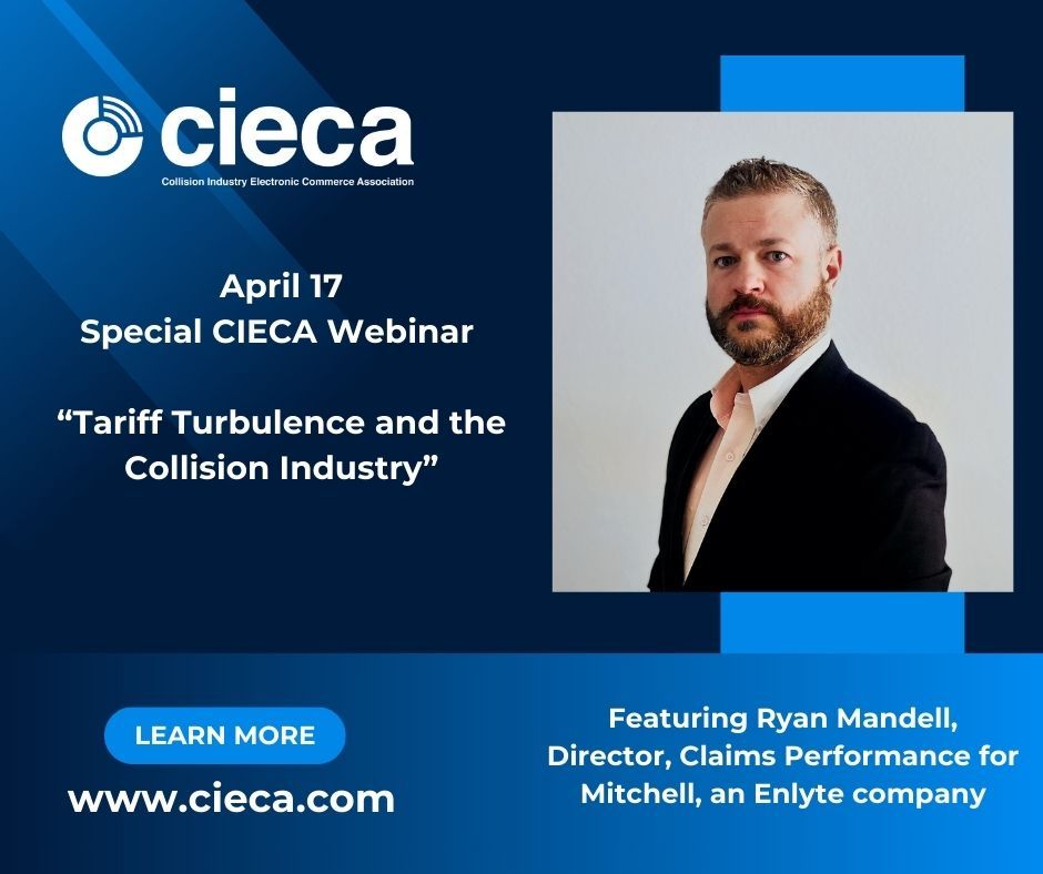 Join us today for a special <a href="/ciecastandards/">CIECA</a> webinar about the impact escalating trade tensions and the ongoing threat of new tariffs are expected to have on the auto insurance and collision industries. Register: lnkd.in/gDFkAj-K