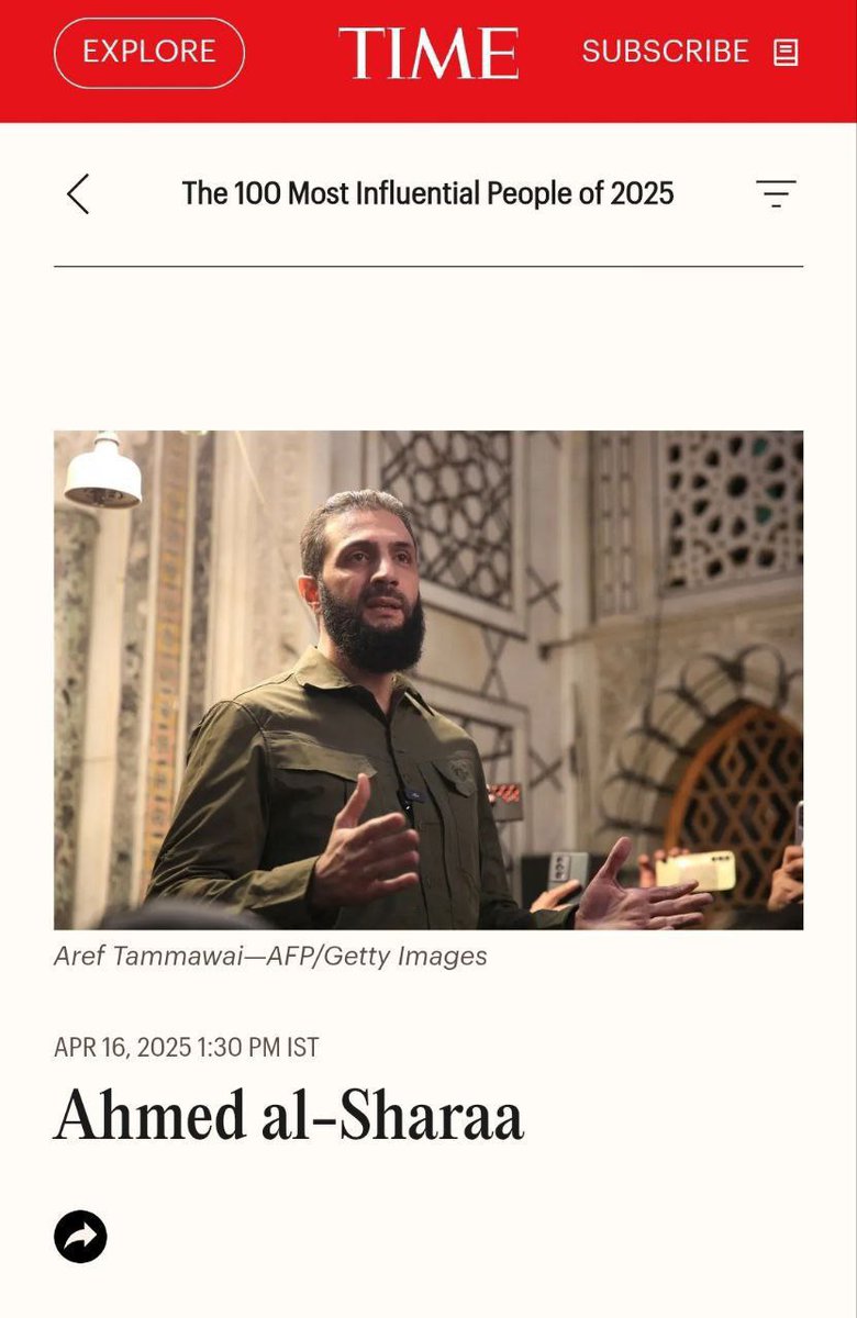 Sprinter_Press's tweet photo. It's okay to be a terrorist if you work for the US

Ahmad al-Sharaa (al-Julani) was included in the list of 100 most influential people of 2025 by the American magazine Time. https://t.co/9cUA747wxJ