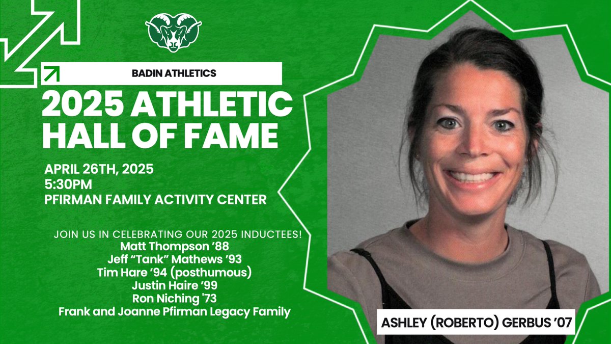 The 2025 Badin Athletic Hall of Fame is only 9 days away! 

Online ticket deadline is Thursday 4/24!
payit.nelnet.net/form/8d0J3LDQ

Inductee Spotlight: Ashley (Roberto) Gerbus ’07

#HarkYe 🐏