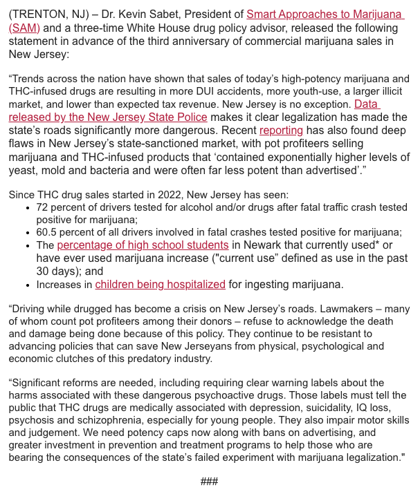 MORE THAN 60% OF NJ DRIVERS IN FATAL CRASHES TESTING POSITIVE FOR MARIJUANA

Statement from <a href="/KevinSabet/">Kevin Sabet</a> in advance of the Third Anniversary of Commercial Drug Sales in <a href="/NJGov/">New Jersey</a>