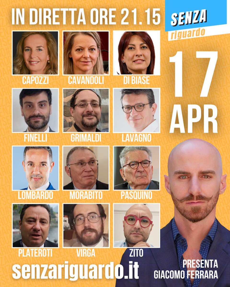 📢 Stasera alle 21.15 su #SenzaRiguardo: #Orbán, #Xi e #dazi, #Meloni a Washington, manager pubblici e #decretobollette. Live su Twitch, YouTube e Facebook! <a href="/fiorinacapozzi/">Fiorina Capozzi</a> <a href="/LaCavandoli/">Laura Cavandoli</a> <a href="/mdibiase_ue24/">Mariangela Di Biase</a> <a href="/da_Budapest/">Alessandro Grimaldi</a> <a href="/flavagno/">Fabio Lavagno</a> <a href="/mlombardo81/">Marco Lombardo</a> <a href="/GP_ArieteRosso/">Gianfranco Pasquino</a> <a href="/alex24ore/">Alessandro Plateroti</a> <a href="/ZitoNello/">NelloZito</a>