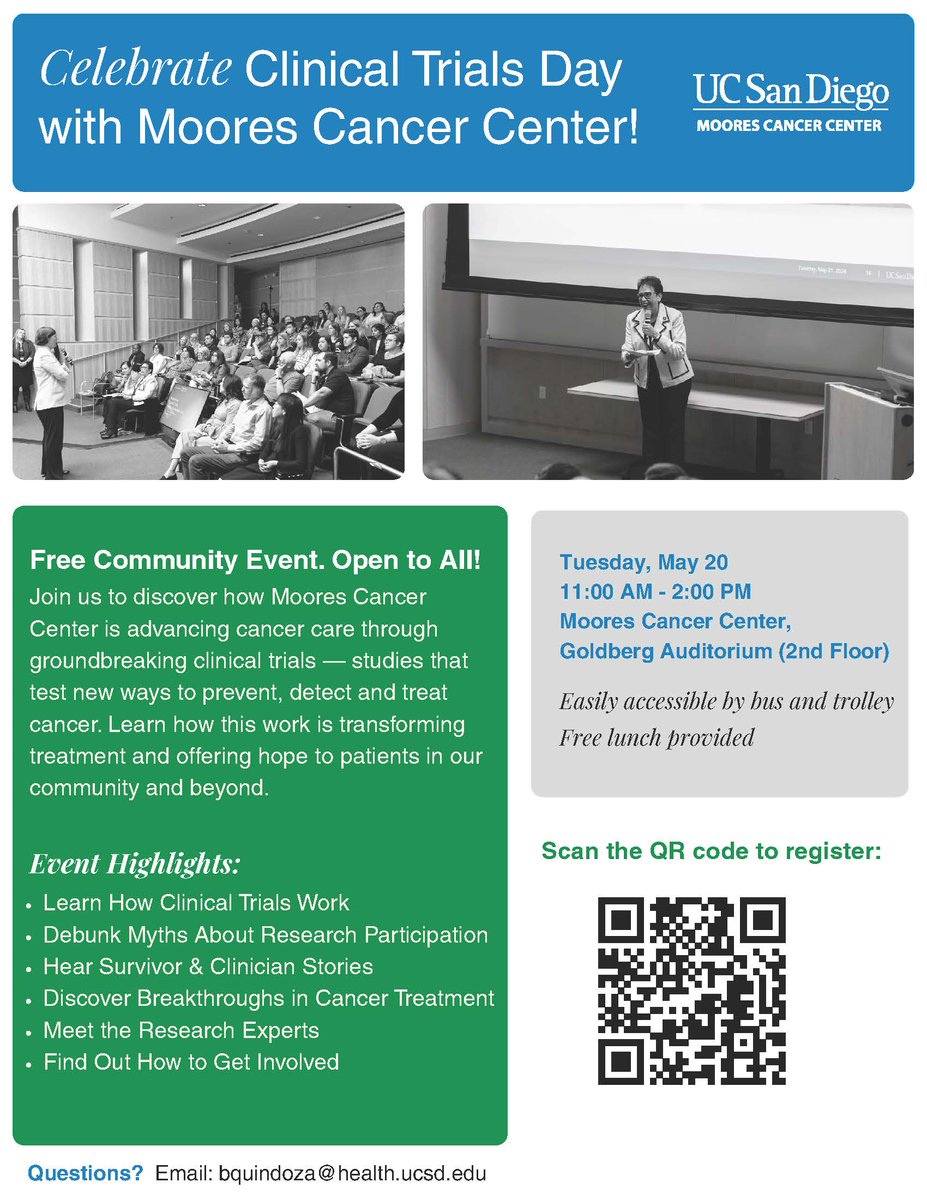 UCSD Health Moores Cancer Center COE (@ucsdcancer_coe) on Twitter photo 📣Save the Date!📣 Join <a href="/UCSDCancer/">UC San Diego Health Moores Cancer Center</a> <a href="/UCSDCancerCTO/">UCSD Moores Cancer Center- Clinical Trials Office</a> on 5/20, 11am-2pm to celebrate Clinical Trials Appreciation Day! FREE + open to the community. Hear from patients & researchers about the amazing research happening at MCC. Lunch provided 🥪RSVP! addevent.com/event/IO253940… 📣Save the Date!📣 Join <a href="/UCSDCancer/">UC San Diego Health Moores Cancer Center</a> <a href="/UCSDCancerCTO/">UCSD Moores Cancer Center- Clinical Trials Office</a> on 5/20, 11am-2pm to celebrate Clinical Trials Appreciation Day! FREE + open to the community. Hear from patients & researchers about the amazing research happening at MCC. Lunch provided 🥪RSVP! addevent.com/event/IO253940…